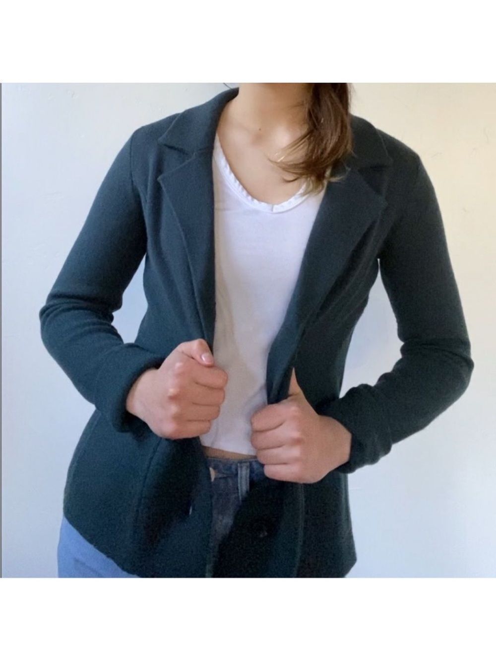 Adrienne Vittadini XL Hunter Green Button Front Knit Blazer Cardigan w/Pockets